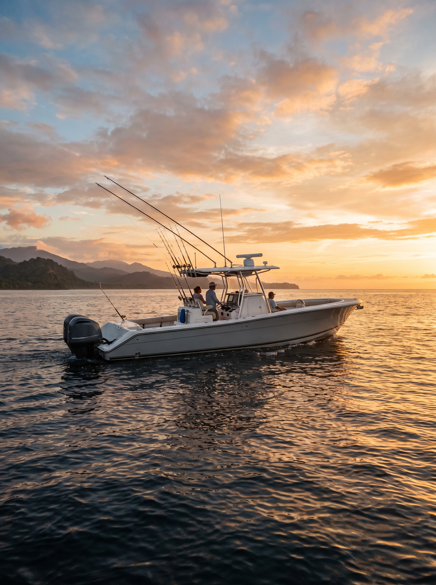 Fly Legend II fishing boat at sunset in Quepos Costa Rica