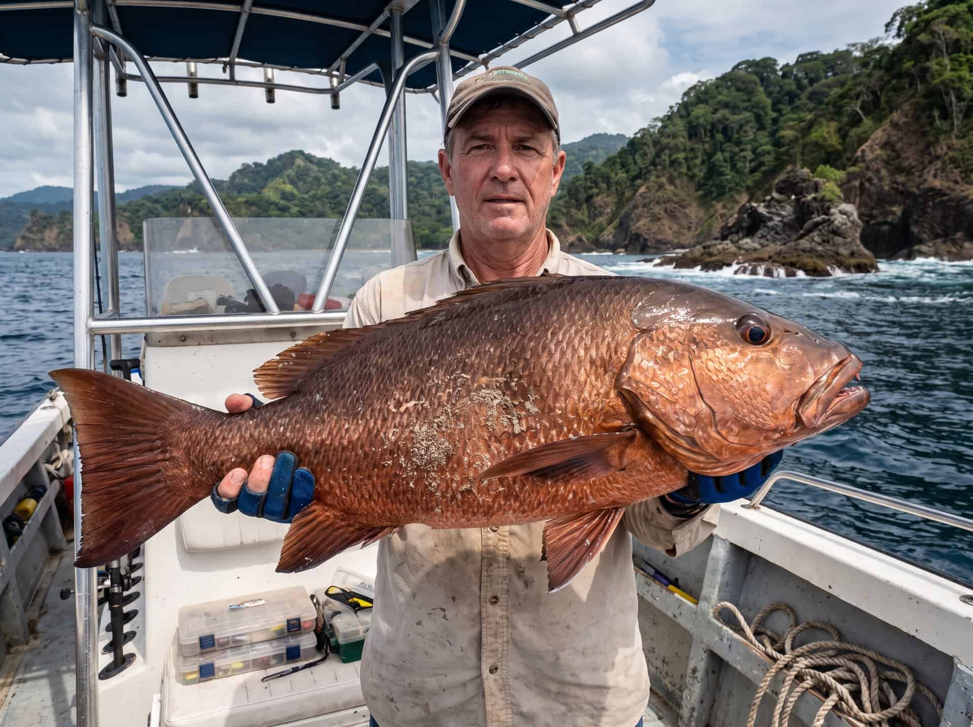 Angler holding Cubera Snapper during inshore fishing in Quepos Costa Rica