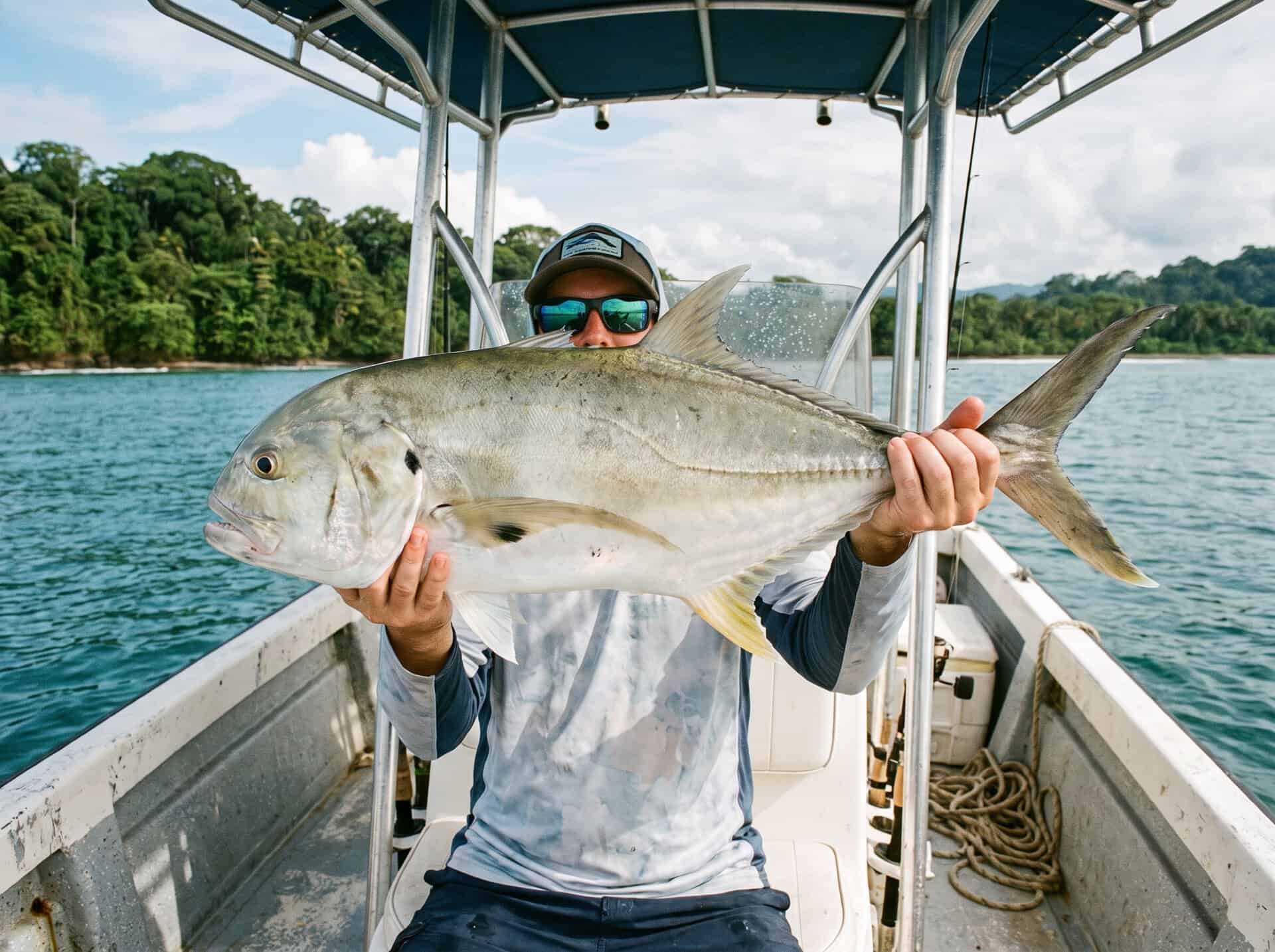 Angler holding Jack Crevalle during fishing in Quepos Costa Rica