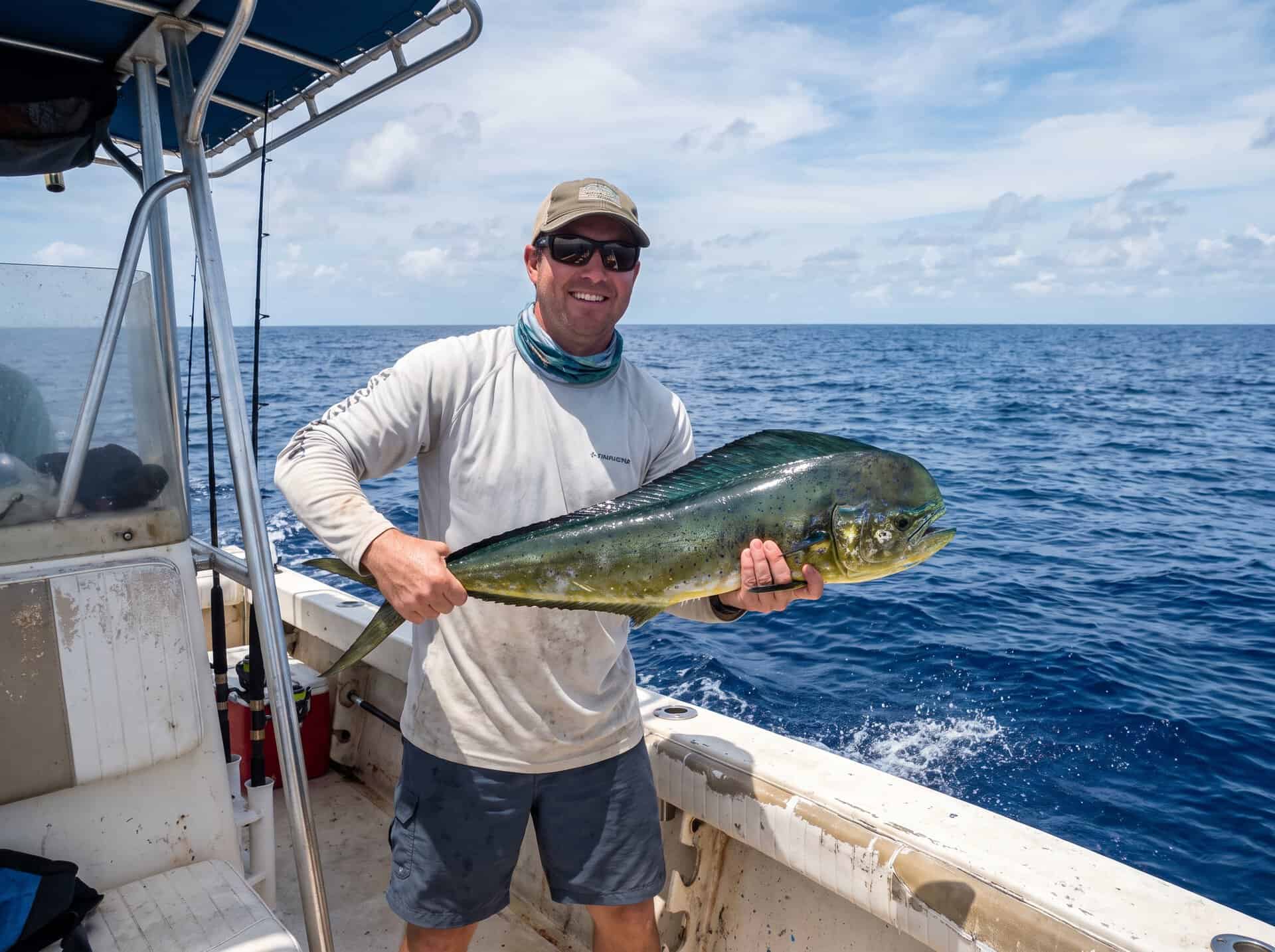 Angler holding Mahi Mahi during offshore fishing in Quepos Costa Rica