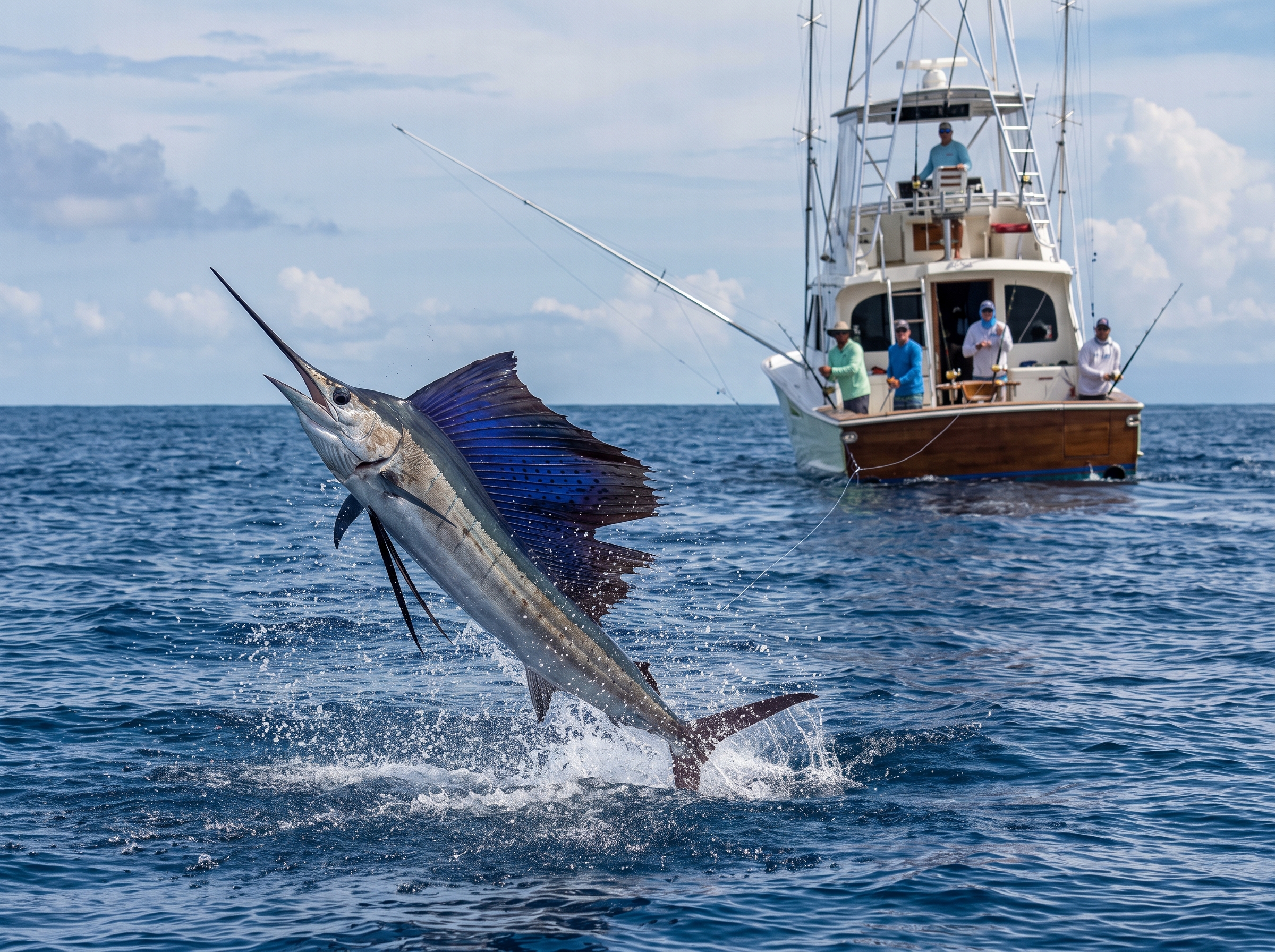 Sailfish jumping from the Pacific Ocean during offshore fishing in Costa Rica